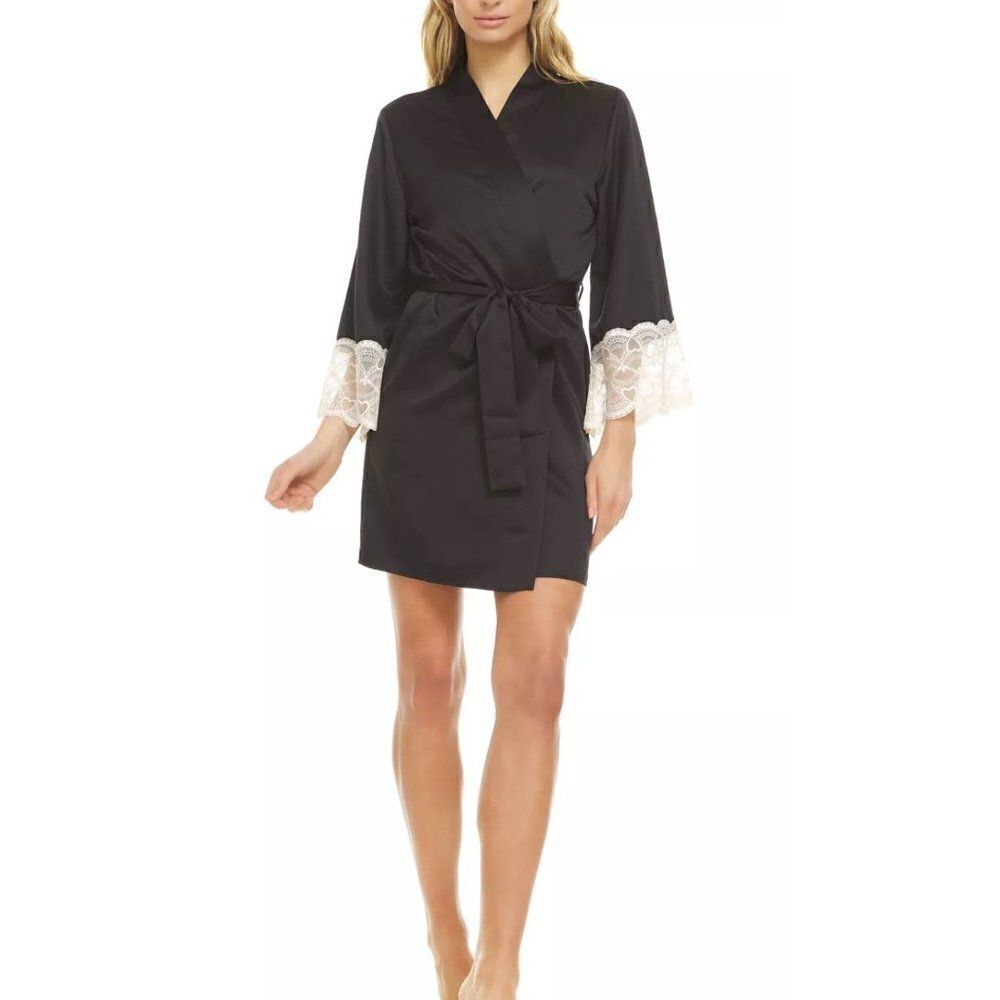 Flora by Flora Nikrooz Black & Silver Lace Robe Size L NWT